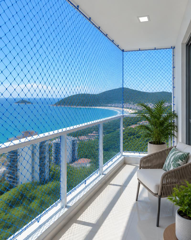 Sacada com rede de proteção azul e vista para o litoral